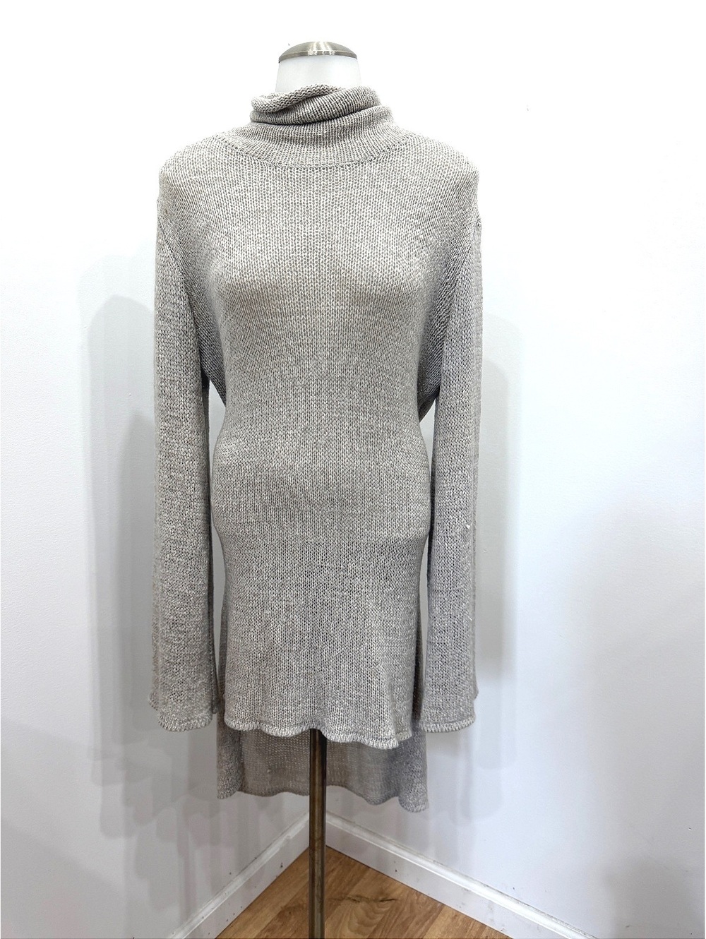 Sabo Beige Knit Turtleneck Long Sleeve Tunic Sweater with Tie Back